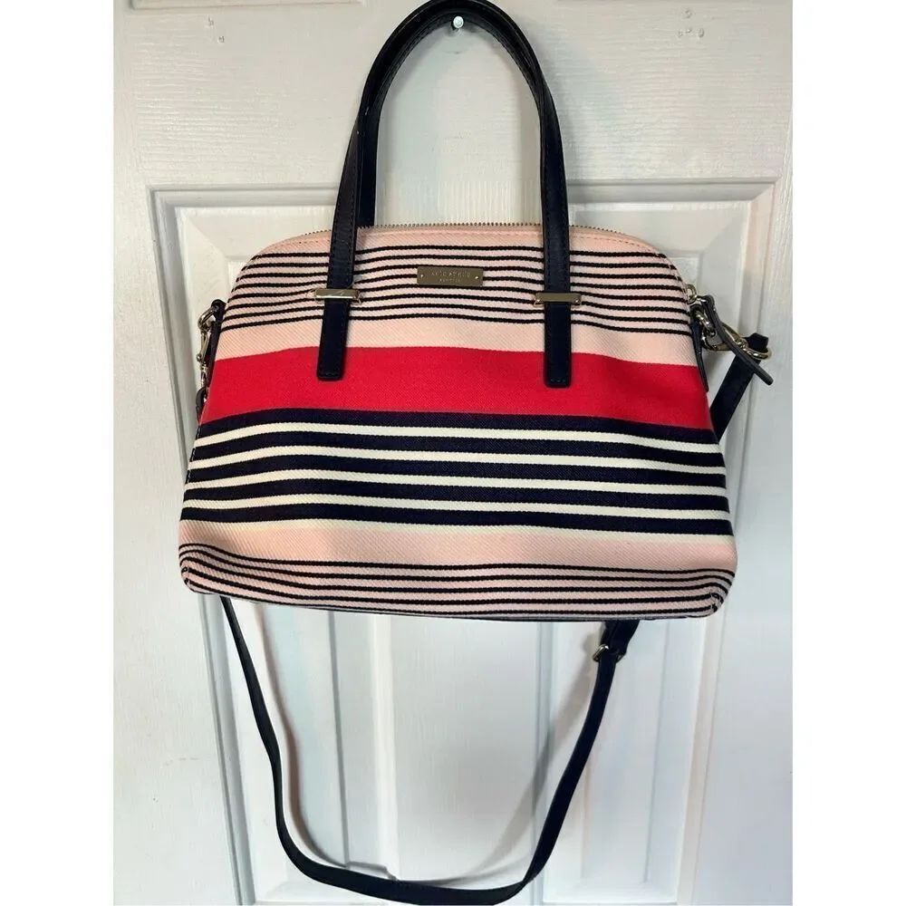Kate Spade Satchel- in canvas and leather striped classy stylish going out purse
